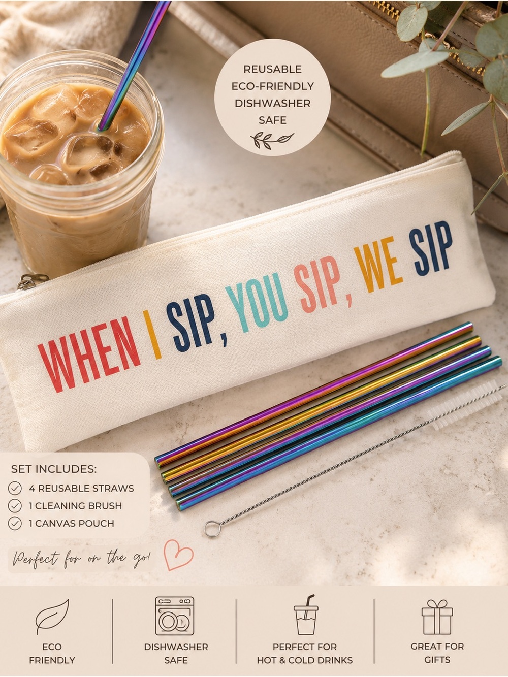 Reusable Rainbow Metal Straw Set w/ Canvas Travel Pouch Cleaning Brush
